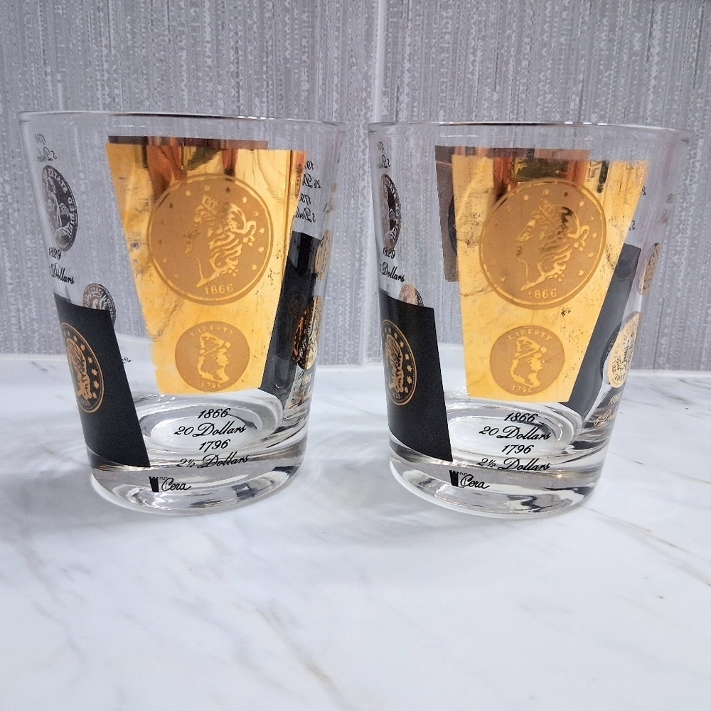 Vintage Cera US Coins Double Old Fashioned Glasses 22k Historical Barware Pair